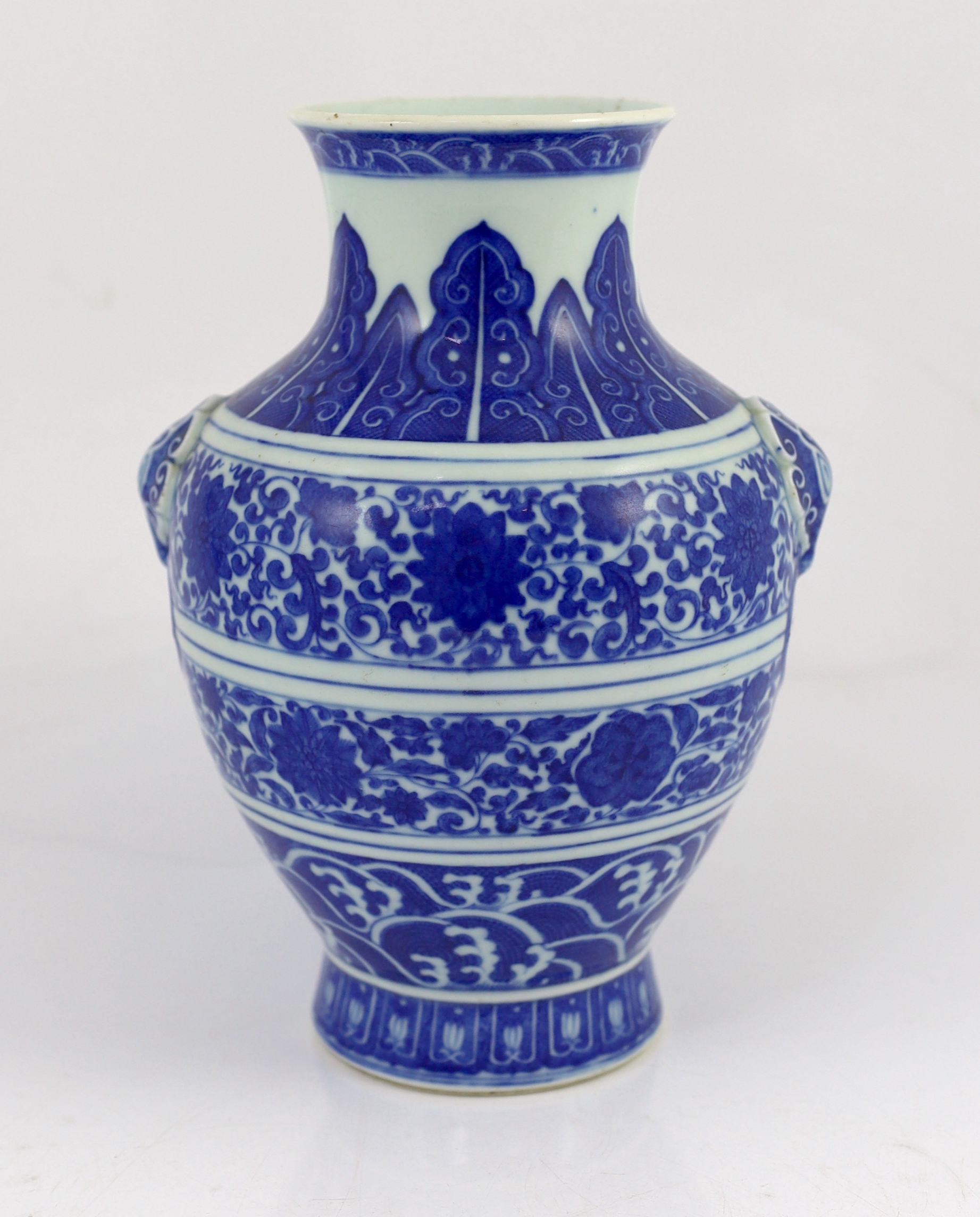 A Chinese blue and white ‘lotus’ vase, hu, Qianlong seal mark but Republic period